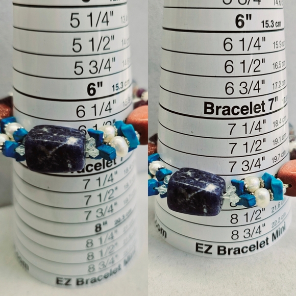 Sodalite,Copper Goldstone, Pearls, Amethyst, Turquoise Stretchy Bracelet - Picture 13 of 14